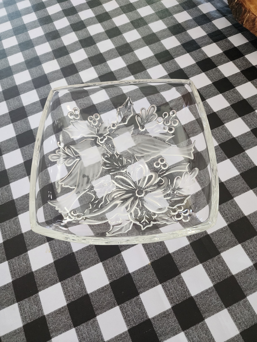 Gorham Clear Glass Square Serving Bowl with Floral Relief